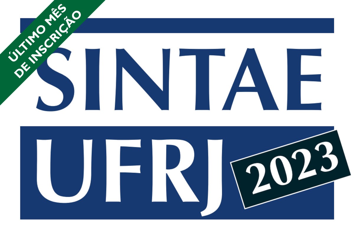 Logotipo Sintae UFRJ 2003, com faixa verde no canto superior esquerdo com o texto "último mês de inscrição"