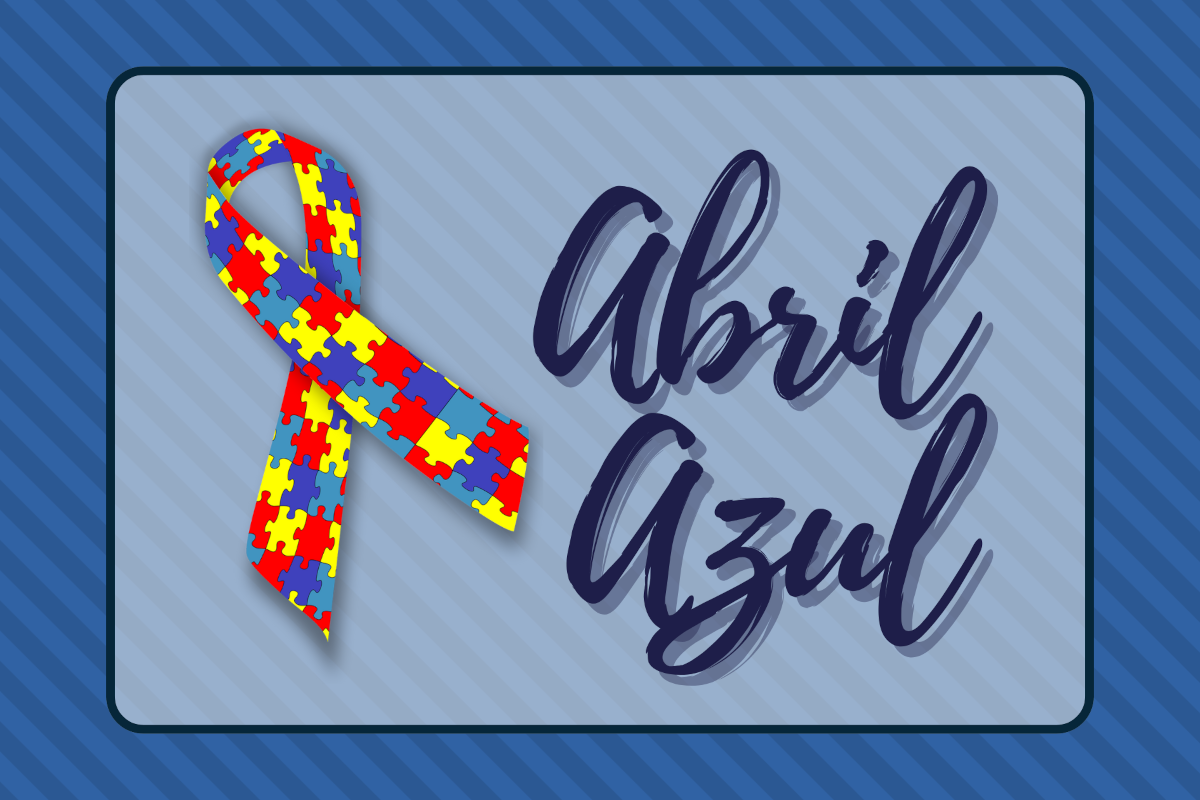 Laço de quebra-cabeça, representando atenção ao autismo acompanhado da inscrição "Abril Azul"